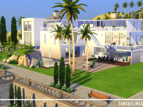 Modern white mansion with palm trees, balconies and a pool. Created in The Sims 4 with custom content from The Sims Resource.