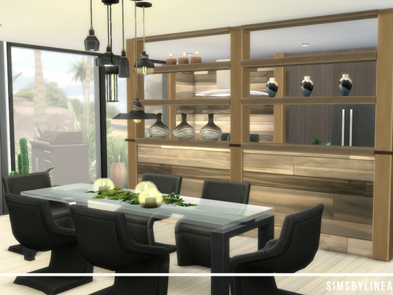 Dark and modern dining room and kitchen with decor, built in the Sims 4 by Simsbylinea