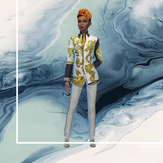 Person posing in front of a blue marble background, made in The Sims 4