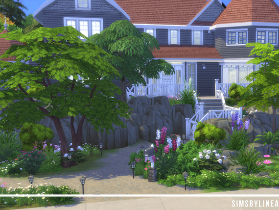 Suburban home with a garden full of trees and flowers, made in The Sims 4 by SimsbyLinea