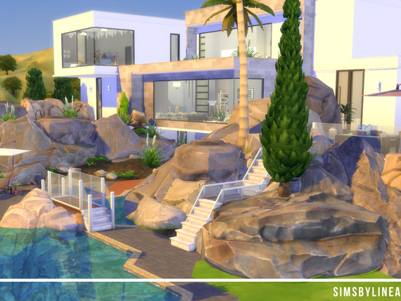 Modern House with large windows, landscaping and a pool Built in The Sims 4 with Custom Content.