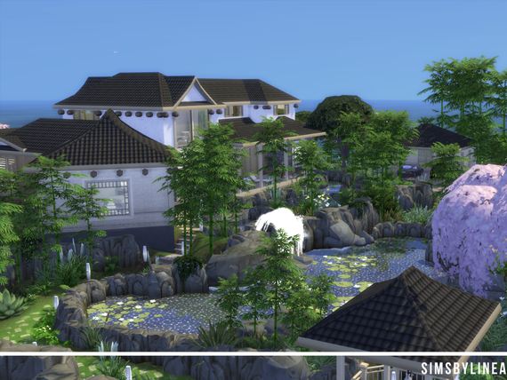 Japanese Modern Mansion surrounded by bamboo trees and a pond with fountains, made in The Sims 4 by SimsbyLinea