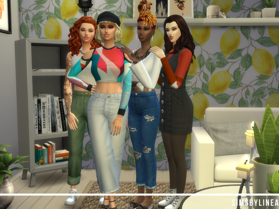 Girls standing in their living room in fashionable outfits, made in The Sims 4