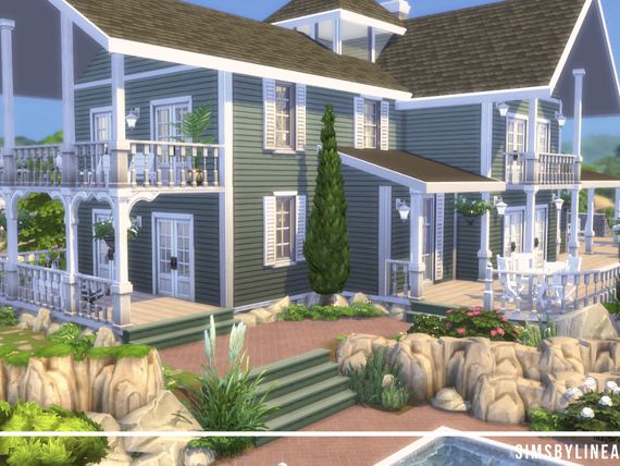 suburban mansion with green walls and white accents and a beautiful backyard, built in The Sims 4 by Simsbylinea