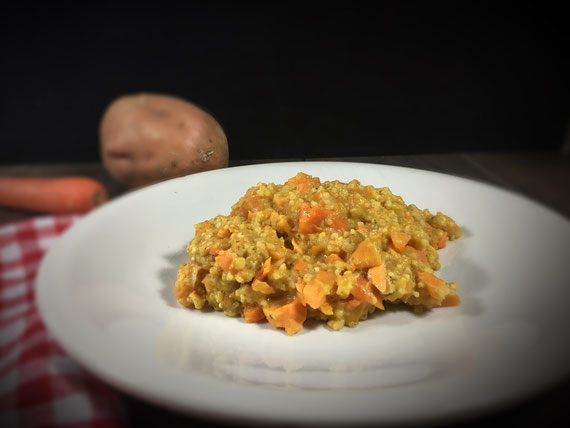 One Pot Hirse aus dem Thermomix mit Süßkartoffel Möhren und Erdnuss, vegan, All in One Gericht aus dem Thermomix mit Hirse