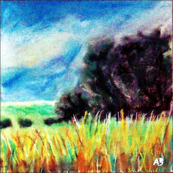 Feldlandschaft-Pastellgemälde-Feld-Wiese-Gras-Pflanzen-Bäume-Büsche-Sommer-Himmel-Wolken-Pastellmalerei-Landschaftsgemälde-Pastelllbild