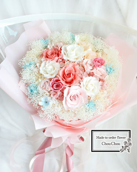 ディズニー　プロポーズ　花束　プリザーブドフラワー　バラ　かすみ草　ミラコスタ　オーダーフラワー　シュシュ　ChouChou