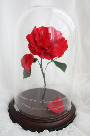 美女と野獣　1輪の薔薇　ガラスドーム　刻印　プリザーブドフラワー　ディズニー　プロポーズ　ウェディング