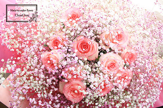 ディズニー　プロポーズ　ダズンローズ  12本　バラ　花束　ピンク　かすみ草　ガラスの靴　プリザーブドフラワー　ミラコスタ