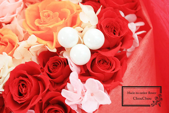 ディズニー　プロポーズ　プリザーブドフラワー　赤薔薇　オレンジのバラ　ピンクのバラ　花束　ミラコスタ  オーダーフラワー  シュシュ　chouchou