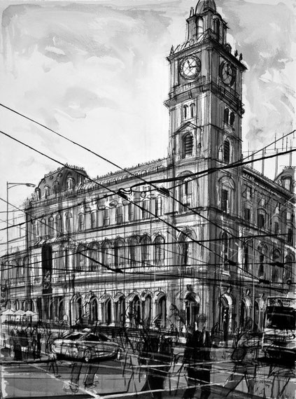 Bourke St, charcoal and ink on paper, 50 x 75cm, 2009
