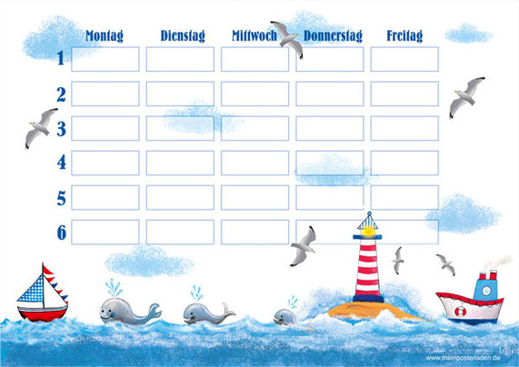 Stundenplan mit Segelboot, Wale, Leuchtturm, Möwen und Schiff - liebevoll handgemaltes Motiv