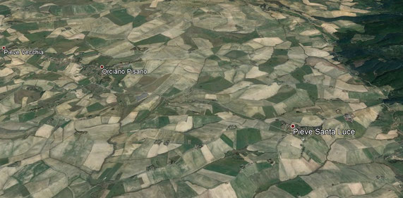 A sinistra, la carta geologica dell'area mette in risalto la conformazione a conca della zona di Orciano Pisano e fa pensare a un bacino marino poco profondo che, nel Pliocene, occupava questi terreni. Sopra, le colline maggiormente fossilifere.