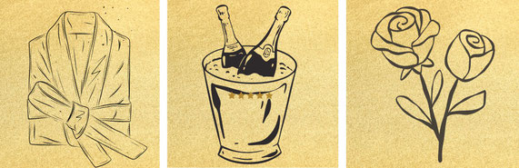 Illustrations des prestations à la carte : peignoirs de bain douillets, bouteille de champagne, rose et pétales nos extras pour personnaliser votre séjour avec jacuzzi en Alsace-Lorraine.