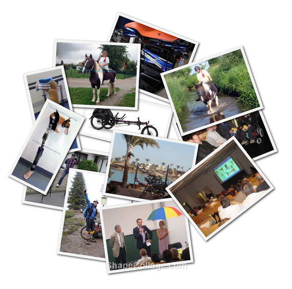 Bild: Foto-Collage. Es werden Menschen mit Amputation gezeigt. BEim Reiten, beim Rad fahren, im Vortragssaal als Redner. EIn Liegerad und eine Beckenkorbprothese.