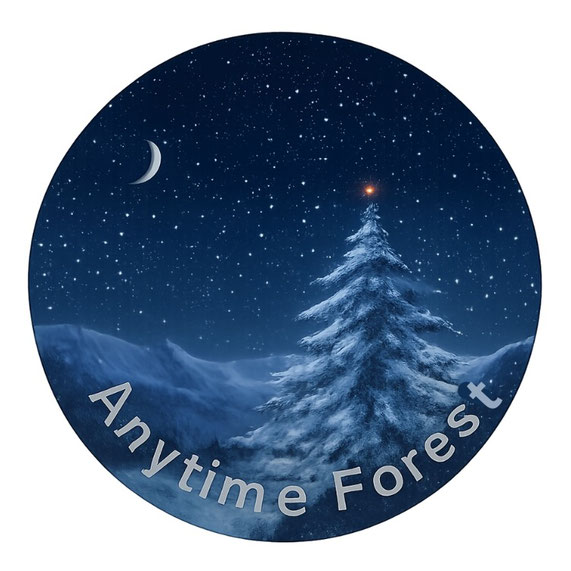 よる森 / YORUMORIのシンボルアイコン-AnytimeForest-冬至の日の夜空の三日月が照らす森のもみの木