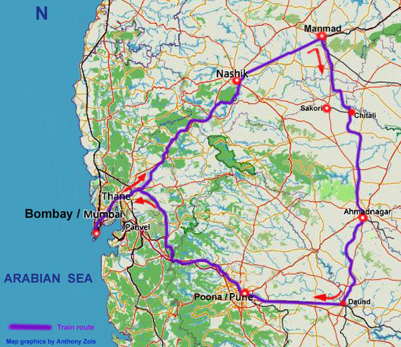1922 October visit - Bomabay to Sakori, then to Ahmednagar - Poona - Bombay. Map graphics by Anthony Zois.