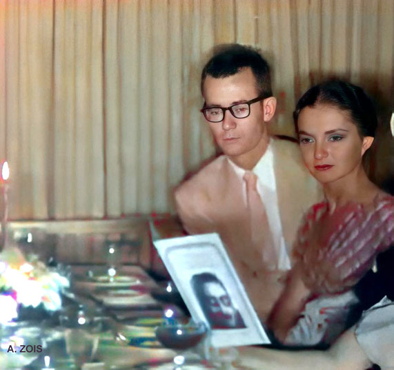1956 - Tex with Marie Adair at Longchamps Restaurant with Meher Baba.