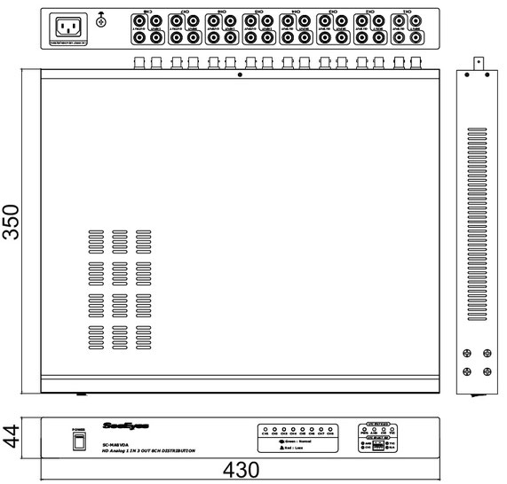 AHD/TVI/CVI/CVBS 1入力3出力ｘ8チャンネル分配器 - 寸法図