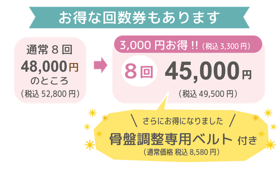 お得な回数券もあります。通常８回48,000円のところ、８回45,000円！