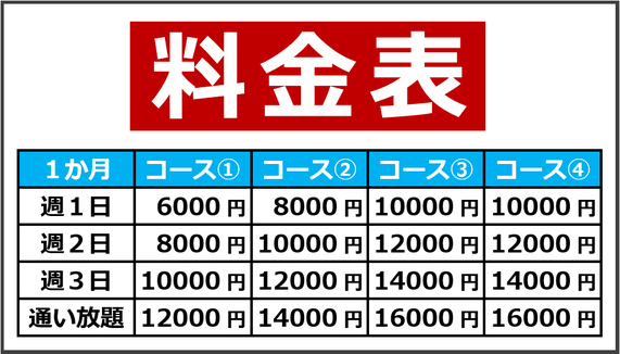 料金表　コース①6000～12000円　コース②8000～14000円　コース③10000～16000円　コース④10000～16000円