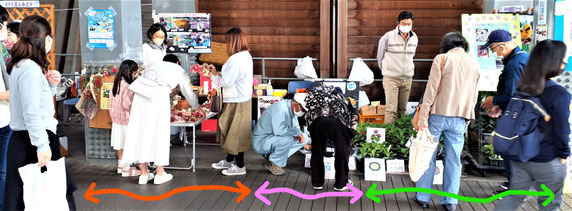 左から「ドライフラワー」「ミックス苗」「葉ぼたん」の花とみどりの各コーナー(かやのさんぺい橋の上で)