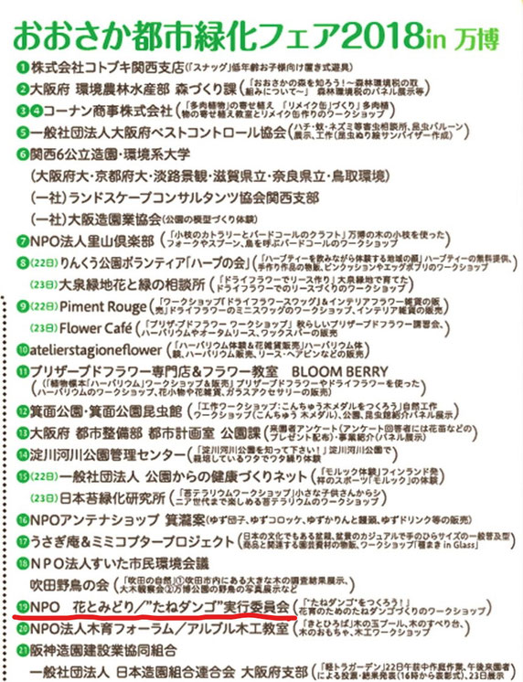 「おおさか都市緑化フェア2018in万博」の出展リスト。同フェアちらしから。