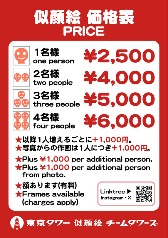 東京タワー　似顔絵チームタワーズ　価格表　