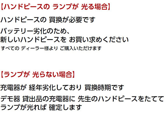【ハンドピースの ランプが 光る場合】 ハンドピースの 買換が必要です バッテリー劣化のため、 新しいハンドピースを お買い求めください すべての ディーラー様より ご購入いただけます 【ランプが 光らない場合】 充電器が 経年劣化しており 買換時期です デモ器 貸出品の充電器に 先生のハンドピースをたてて ランプが光れば 確定します