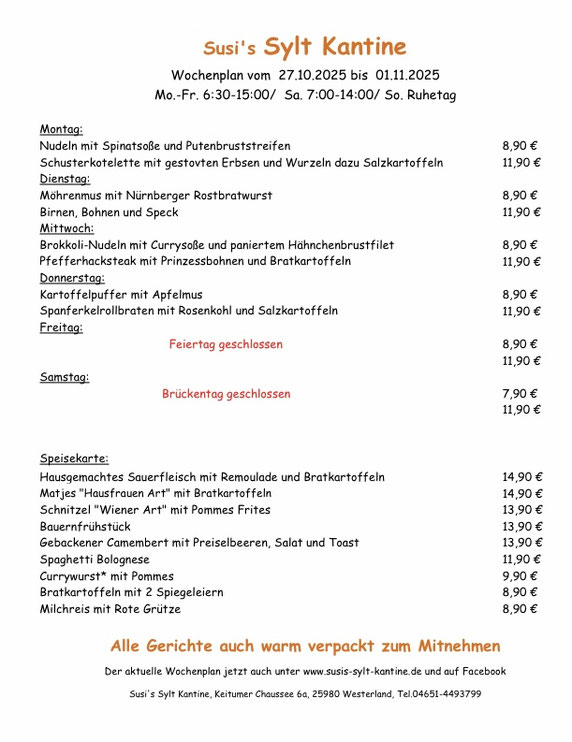 Wochenkarte Susi's Sylt Kantine vom 18.12.2017 - 23.12.2017