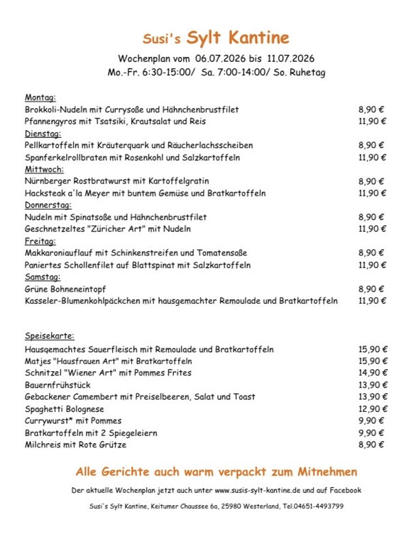 Wochenkarte Susi's Sylt Kantine vom 18.12.2017 - 23.12.2017
