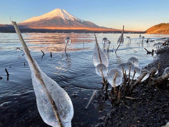 朝日に照らされる富士山と可愛い氷♡