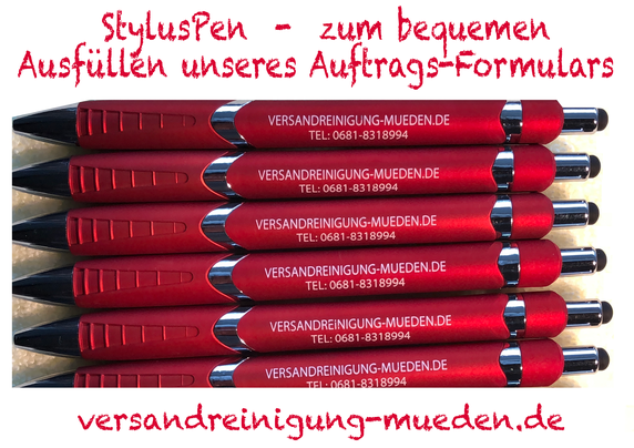 versandreinigungmueden.de, Leistungen, StylusPen, Bild zeigt rote Kugelschreiber mit Logo versandreinigung