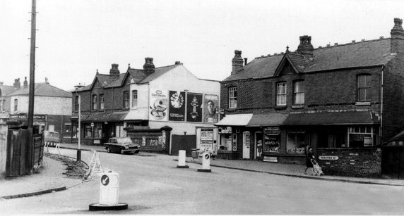 Nineveh Road ?early 1960s viewed from Grasmere Road  from Ted Rudge's Winson Green to Brookfields website. All these buildings have gone, but the brick wall between the shops is the bridge over  Hockley Brook and is still there.