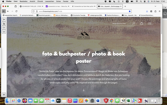 Sartseite von www.fineswissphoto.com, weisser Text foto & buchposter auf Hintergrundaquarell von verschneiten Bergen