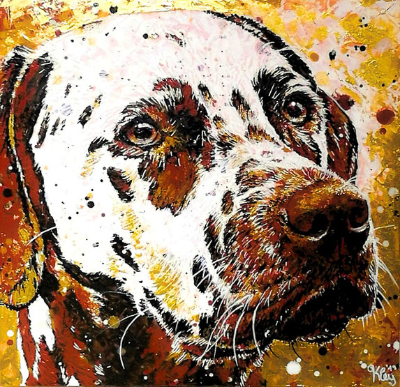 brauner Dalmatiner verewigt als Hundeporträt auf ArtBoard mit Gold