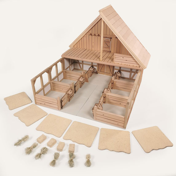 Stallanlage mit 6 Pferdeboxen aus Holz – passend für Schleich® Pferde