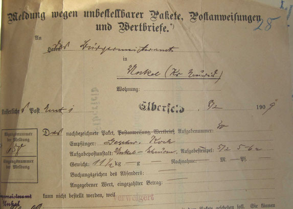Meldung des kaiserlichen Postamts 1 in Elberfeld - "Annahme verweigert"