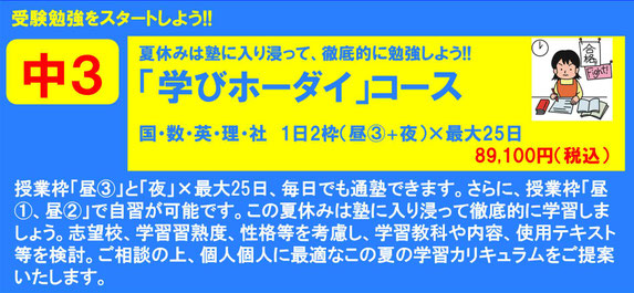 授業枠「昼③」と「夜」×最大25日、毎日でも通塾できます。さらに、授業枠「昼①、昼②」で自習が可能です。この夏休みは塾に入り浸って徹底的に学習しましょう。志望校、学習習熟度、性格等を考慮し、学習教科や内容、使用テキスト等を検討。ご相談の上、個人個人に最適なこの夏の学習カリキュラムをご提案いたします。