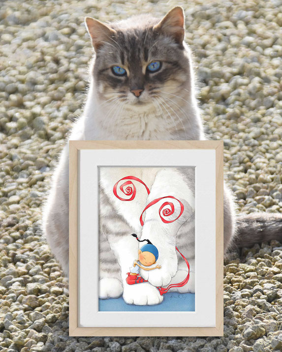 Illustration de Timeliot qui enserre tendrement la patte d'un chat