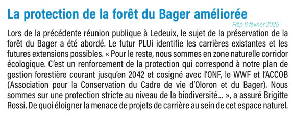 L'opposition de l'ACCOB et assoc amies font que les carrières sont actuellement en suspend. Un travail de protection collectif a été réalisé. Nous attendons le vote de la CCHB lorsque le PLU sera opérationnel pour que ces projets soient "enterrés" - ACCOB