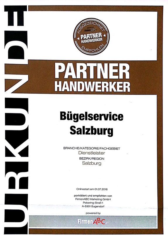Urkunde Bügelservice Salzburg