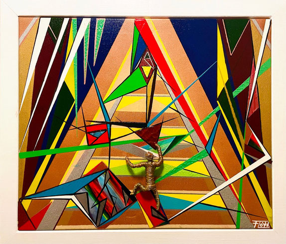 Abstraktes 3D-Kunstwerk SUKZESSIVE von Andreas Alka alias FLoYd – Mixed Media mit Drahtfigur, geometrischen Formen und leuchtenden Farben – Symbol für Aufstieg, Macht und Fokus im Hier und Jetzt.
