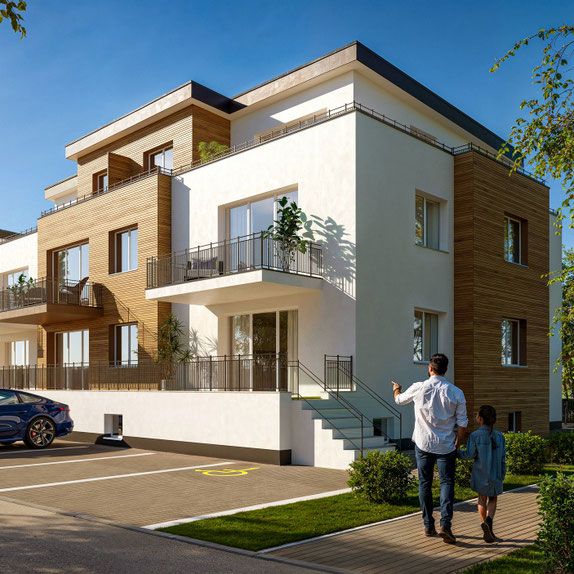  modern European residential architecture visualization with wood facade - Dionis Studio