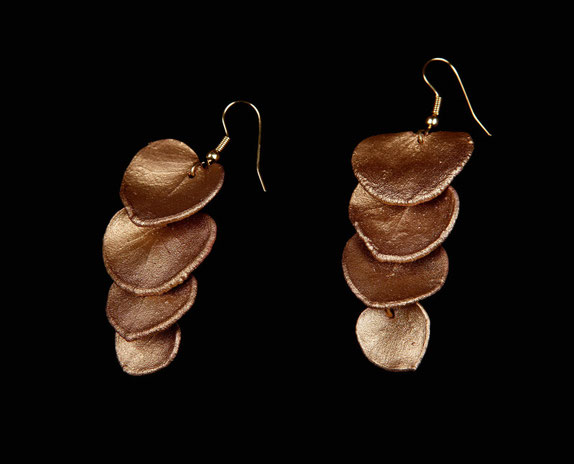 Eucalyptus leaf earrings, gilded copper