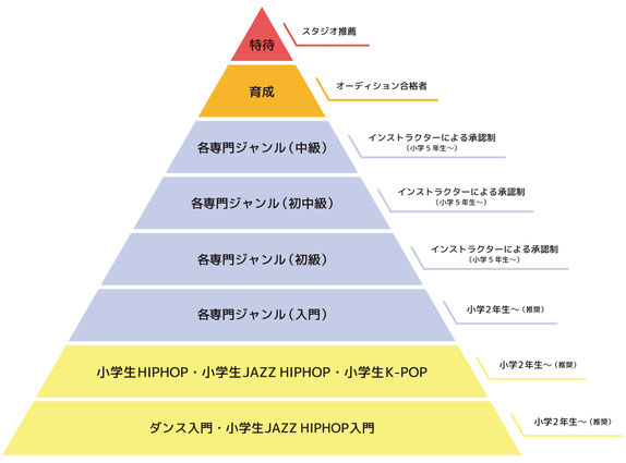 熊本で初心者の方もダンスを始めやすい入門クラスから、さらに上を目指す方のための育成クラス・特待クラスなど、個々のレベルに応じた多様なレッスンが受けられます。