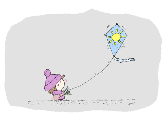 Graues Wetter. Ein kleines Mädchen lässt einen Drachen steigen, der mit der Sonne bemalt ist. Cartoon Oliver Kock Greenfluencer