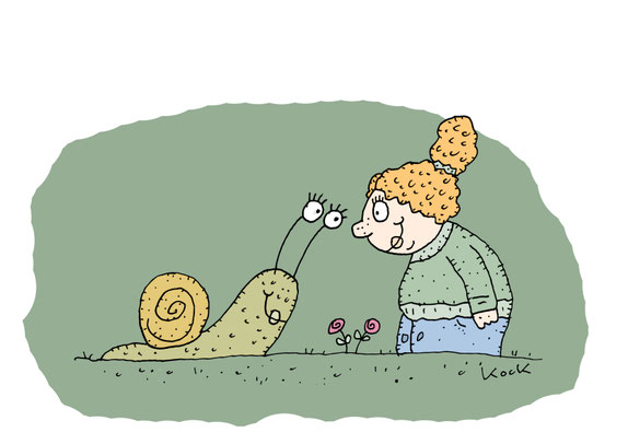 Große Schnecke und kleinen Mädchen sehen sich an. Cartoon Oliver Kock Greenfluencer