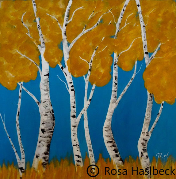 acrylbild, wald ,,kunst bild, malen, bäume, birken,blau, gelb, weiß