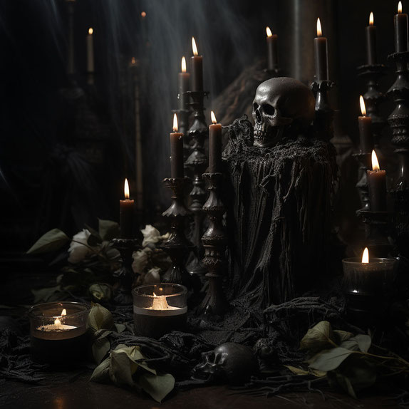 Kerzen, Totenköpfe und viele Kerzen umgeben einen dunklen Raum im Stil der Gothic-Romantik, monochromatische Farbschemata, detaillierte Kostüme, UHD-Bild, von der Natur inspirierte Installationen, staubige Haufen, Schwarz und Grau